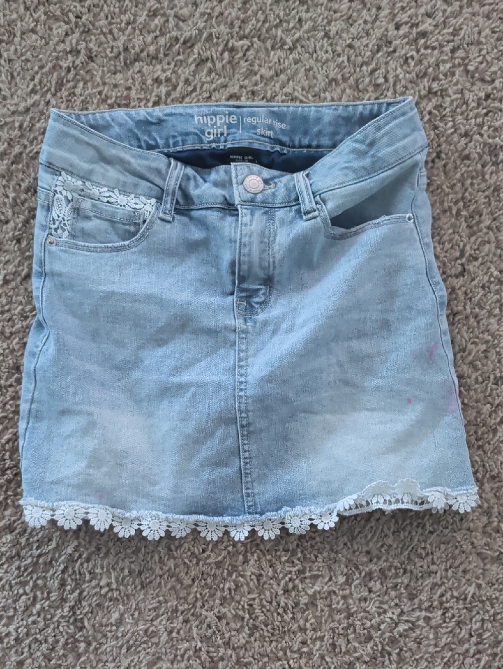 Hippie Girl Light Blue Denim Skort with Lace Hem